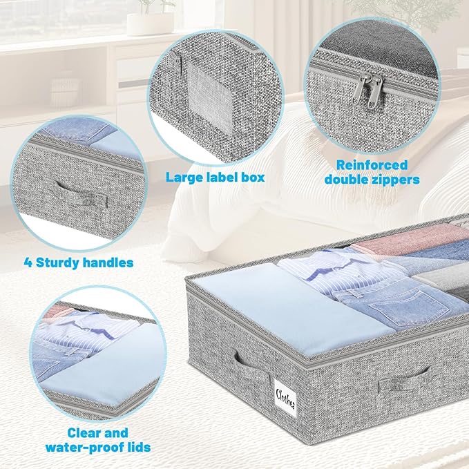 4 Pack 100L Under Bed Storage Containers, Low Profile Closet Organizers and Storage Bins for Dorm, Foldable Underbed Bag for Clothes, Blanket, Sheets, Wrapping Paper, Clear Window & Dual Zippers, Grey