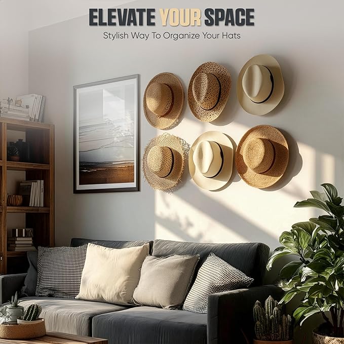 Modern JP Adhesive Hat Hooks for Wall (6-Pack) - Cowboy Hat Rack, Wide Brim Hat Organizer, Strong Hold Hat Hangers for Wall - White