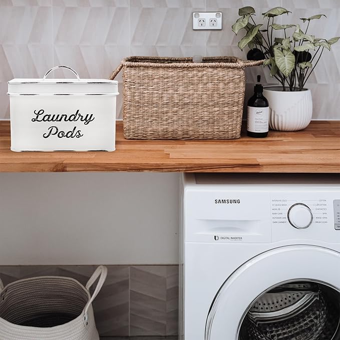 AuldHome Design Enamelware Laundry Pod Holder; Rustic White Laundry Pod Storage Container
