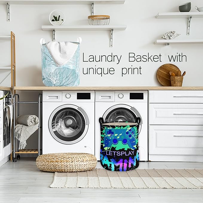Gaming Laundry Basket with Lining Foldable Kids Laundry Hamper Light weight Clothes Storage Basket Gamepad Waterproof Room Toy Organizer Boys Girls Gift Bin for Decor (Thicken-Green gamepad, 43L)