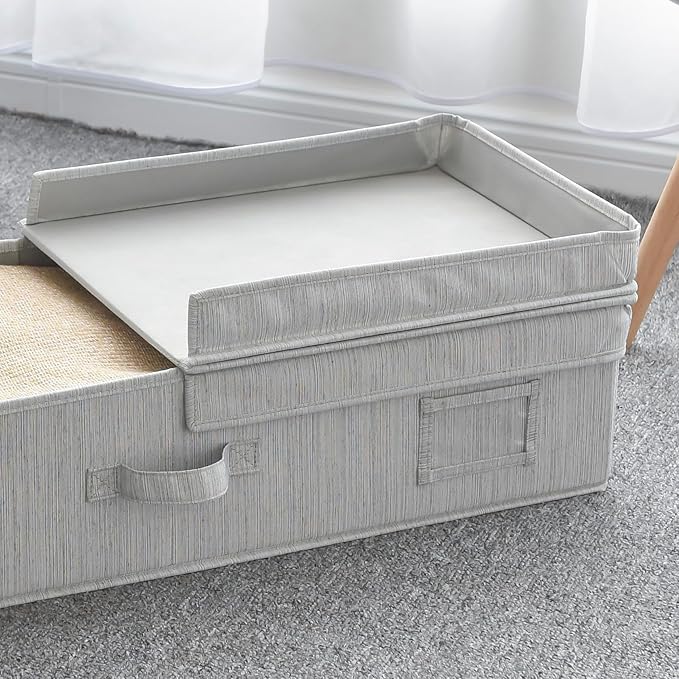 30" x 12" x 6.5" Large Under Bed Organizer with Double Folding Lid, Foldable Low Profile Stackable Drawer Organizer Bins Box for Blanket Shoe Bedroom, Grey