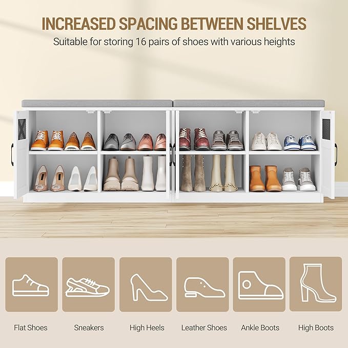 2 Tier Shoe Storage Bench with Doors, 59" Farmhouse Shoe Bench with Padded Cushion, 12-16 Pairs of Bed End Bench, Entryway Bench with Storage for Bedroom, Living Room, White SB61503X