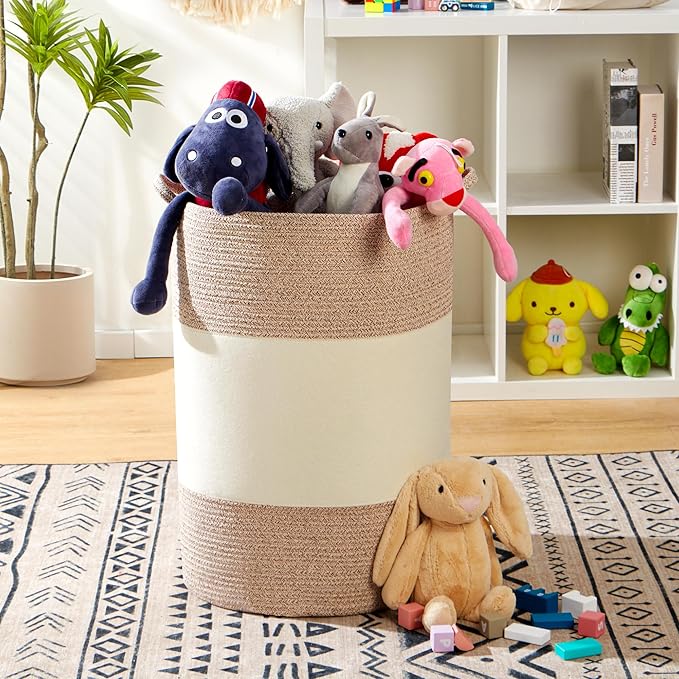 90L Jumbo Woven Laundry Hamper,17" x 17" x 24" Extra Large Laundry Basket for Blanket Storage,Tall Baby Nursery Hamper for Toys in Bedroom,Living Room Brown&White