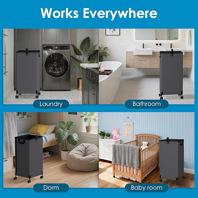 2Pcs Laundry Basket With Wheels 105L, Large Rolling Laundry Hamper With Removable Bag, Metal Frame Collapsible Dirty Clothes Bin, Cloth Organizer Hampers Pull Handle For Bathroom, Dorm, Bedroom Grey