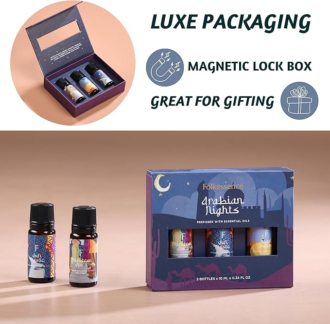 Folkulture Essential Oils Set for Diffuser | Pack of 3 Exotic Aromatherapy Oils | Oud Rose, Oud Tobacco & Amber Scents | Home Fragrance Gift Set for Relaxation & Every Day Gifts | Arabian Nights