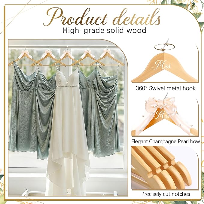 Geelin 8 Pcs Bride Dress Hanger and Bridesmaid Hangers for Wedding Ribbon Bow Pearl Elegant Wooden Mrs. Hangers for Bridal Keepsake Bridal Shower Wedding Day Gift