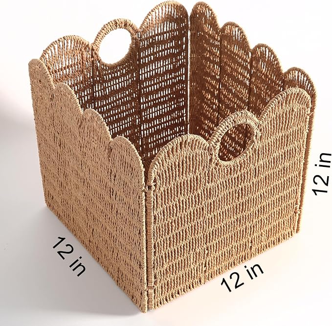 Scalloped Wicker Storage Cubes Basket, 12”x12“ Heavy Duty Paper rope/Hyacinth/Seagrass Baskets for Shelves, Foldable Natural Boho Square Bins (Paper Rope, 12 x 12 x 12in, 4-Pack)