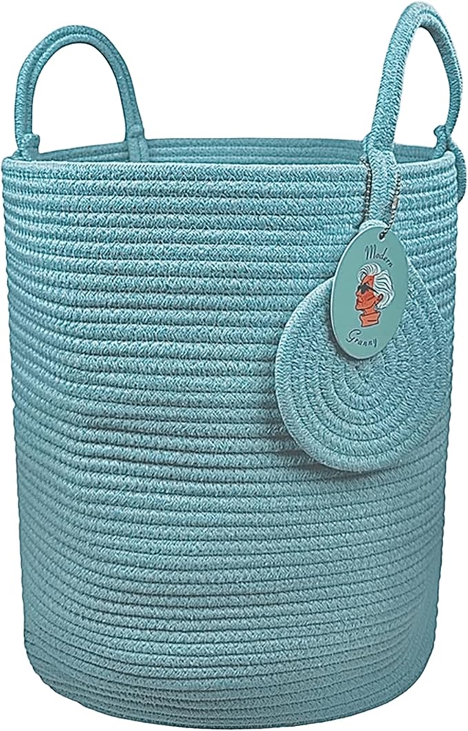 Modern Granny Extra Large Cotton Rope Laundry Hamper 16x22 Inch Dual Secure Woven Handle for Living Room Closet Clothes Blanket Organization