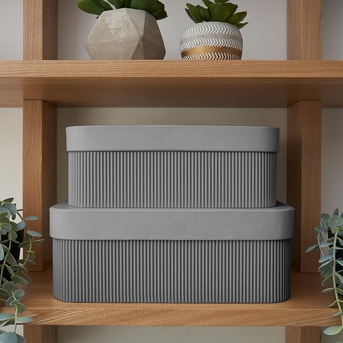 Decorative Storage Boxes with Lids – Set of 2 Beautiful Fluted Cardboard Organizer Bins for Your Home Bookshelf Decor to Safely Store Your Documents, Memory Box Items and Other Keepsakes in Style