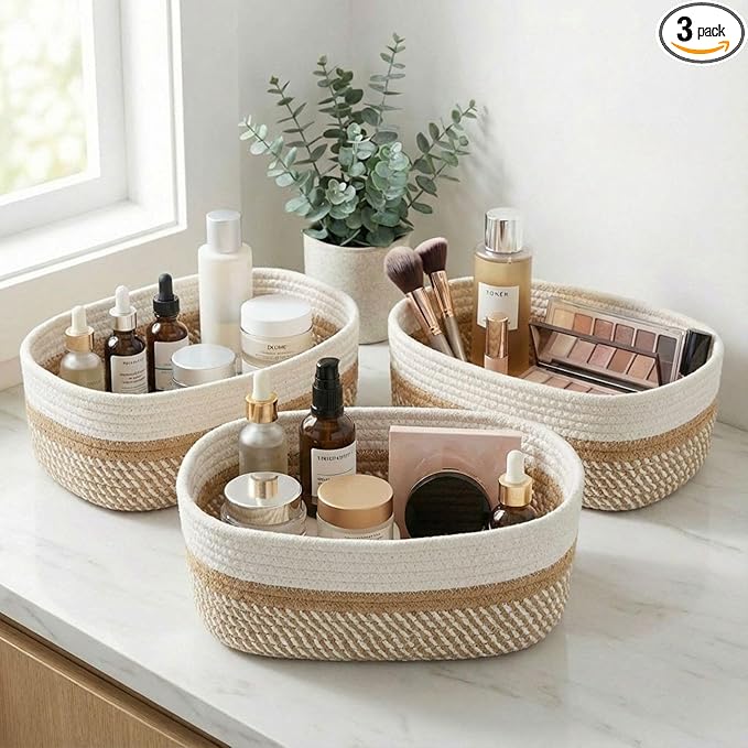 Beautiful Storage Basket Set of 3 - Sturdy Cotton Rope Baskets for Shelves Are Perfect for Organizing Your Home - Quality Storage Bins Easily Fit With Any Nursery or Bedroom Decor