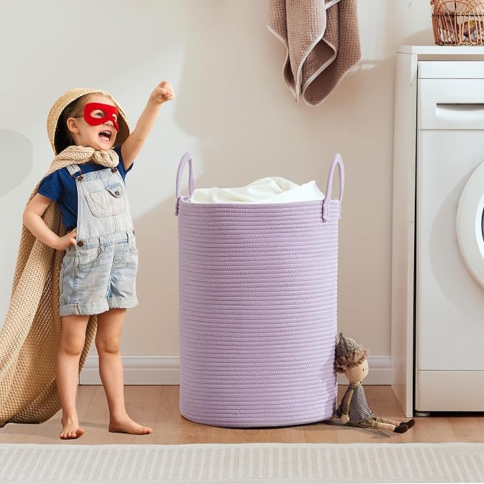 60L Large Purple Hamper Laundry Basket for Nursery Kids Tall Lavender Blanket Basket for Girls Cotton Rope Lilac Clothes Hamper in Bedroom 15Dx20H inches