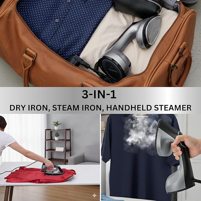 True & Tidy 2-in-1 Iron and Handheld Steamer, 1600W Dual Heating System with Ceramic-Coated Plate, LCD Display, No-Drip Technology, 3 Fabric Modes, Portable Garment Steamer for Home & Travel