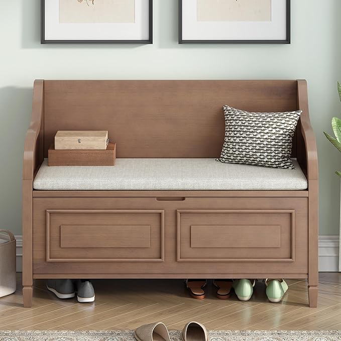 42" Rustic Multifunctional Storage Bench Entryway Bench with Safety Hinge, Removable Seat Cushion and Hidden Storage Space, Home Collection for Hallway Entryway Living Room Mudroom (Brown)