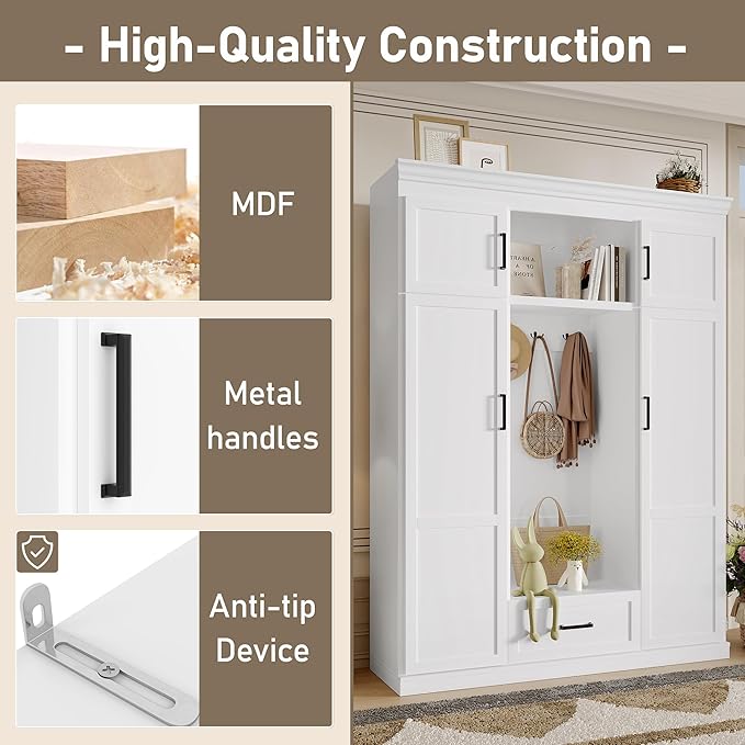 85.2''H Hall Tree with Bench and 3 Hooks, Modern Large Hall Tree with 5 Drawers and Adjustable Shelves, Entryway Storage Organizer Cabinet with 4 Doors for Hallway, Living Room (White/509)