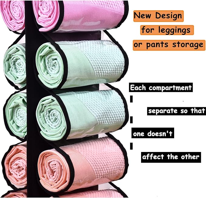 Legging Storage Bag Storage Hanger Can Holds 24 Leggings or Shirts Jeans Compartment Storage Hanger, Foldable Leggings Organizer Clothes Portable Closets Roll Holder (Black)