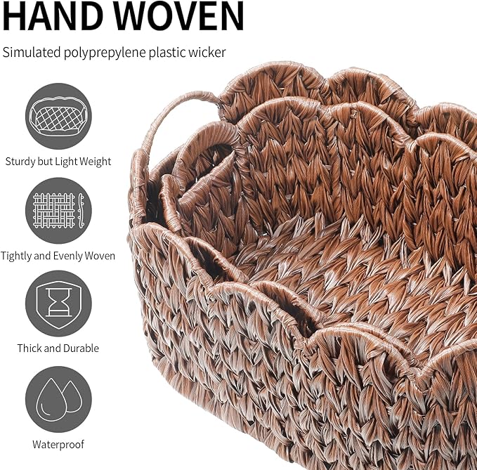 Wicker Scalloped Basket Set of 2,Woven Storage Baskets for Shelves,Closet,Laundry,Gift,Towels,Books,Toys,Waterproof Cute Decor Basket for Organizing,Brown