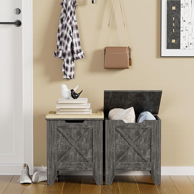 VECELO 17.7" Storage Bench, Entryway Shoe Ottoman, Farmhouse Style Bench with Handwoven Cushion and Metal Safety Hinges, for Bedroom, Living Room, Entryway, Gray