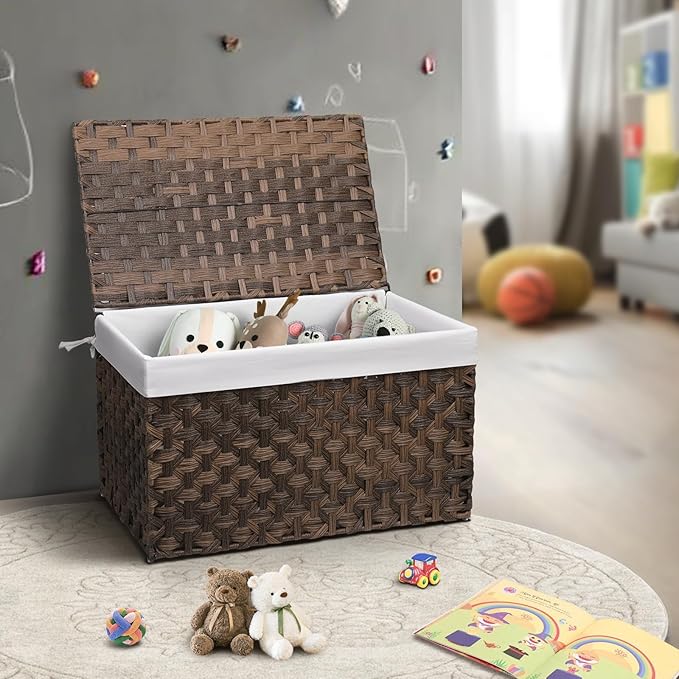 Wicker Storage Basket with Lid, 17.2 Gallon (65L) Small Blanket Basket with Lid, Woven Storage Bin with Handles, Removable Liner, Metal Frame, Foldable, for Bedroom, Laundry Room, Brown