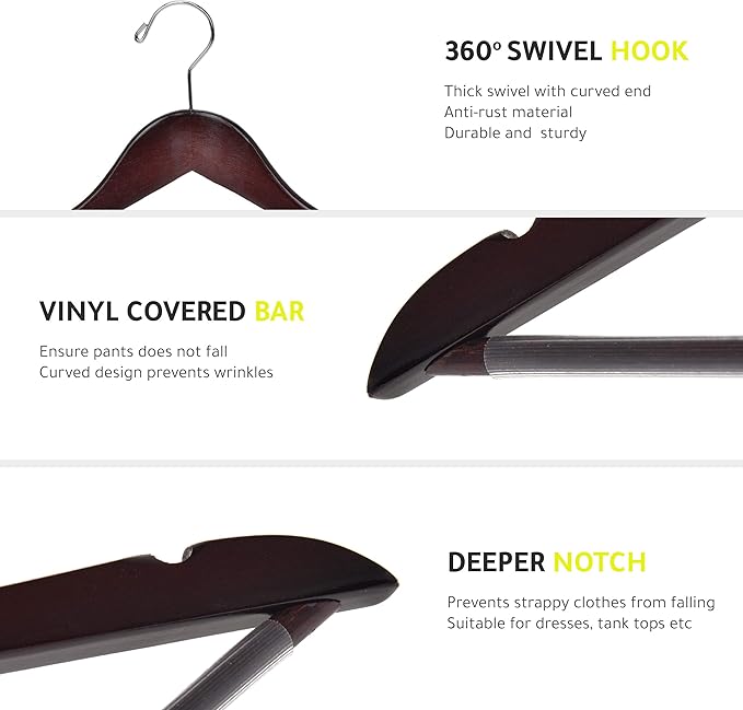 Quality Wooden Hangers - Slightly Curved, 20 Pack Sets - Mahogany Color Wood Coat Hangers with Chrome Hooks - Heavy-Duty for Clothes, Jackets, Shirts, Pants, Suits