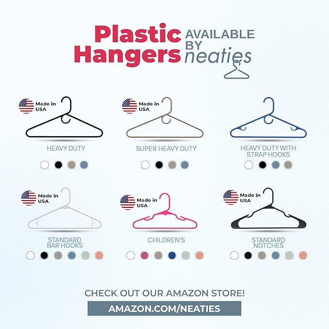 Neaties Plastic Hangers 100+ Pack (150 Count) – Made in The USA – 6lb Capacity Standard Clothes Hangers with Notches and Reinforced Edges for Dresses, Shirts, Pants, and Jackets – White & Gray
