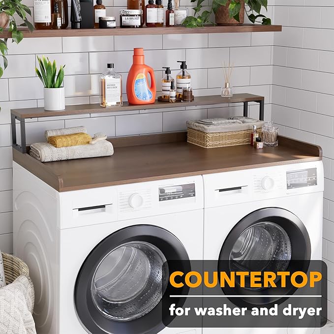 SpaceAid 2-Tier Washer Dryer Countertop, Laundry Topper with Rack Shelf 54" Width x 27.5" Depth x 10" Height Organizer Cover for Washer and Dryer Laundry Hamper Counter Storage (Brown Wood)