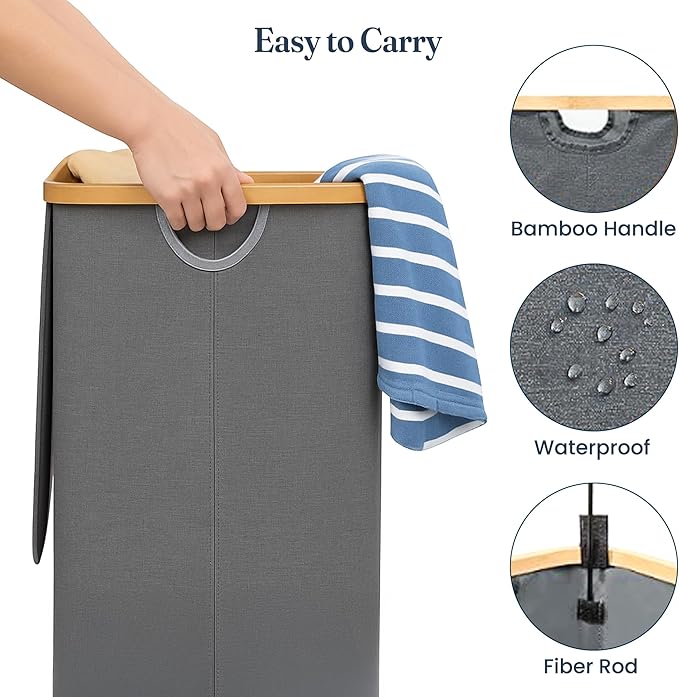 Fine Living 100L Large Laundry Hamper with Lid, Narrow Foldable Slim Laundry Basket with Bamboo Handles, Skinny Tall Dirty Clothes Hamper for Dorm, Bathroom & Bedroom, Gray