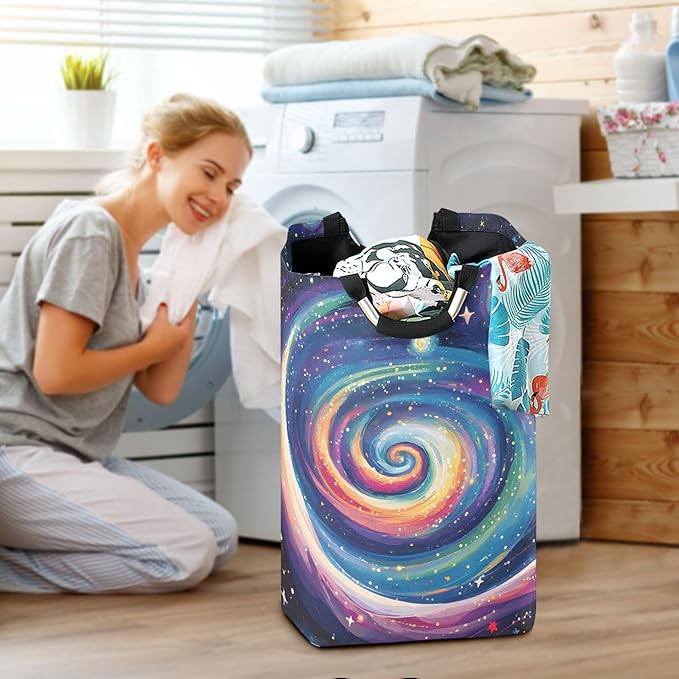 xigua Milky Way Galaxy Large Laundry Hamper with Handle, Foldable Clothes Hamper Collapsible Storage Basket for Toys and Clothes Organization in Bedroom, Bathroom, and Laundry Room