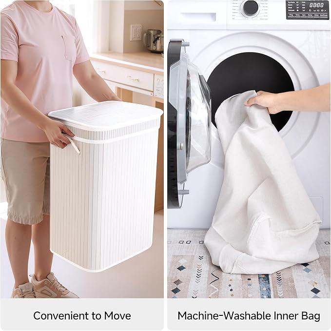 StorageWorks Laundry Hamper with Lid, Foldable Bamboo Laundry Basket, Clothes Hamper with Handles, Organizer and Storage for Laundry Room, Bedroom, Dorm, White