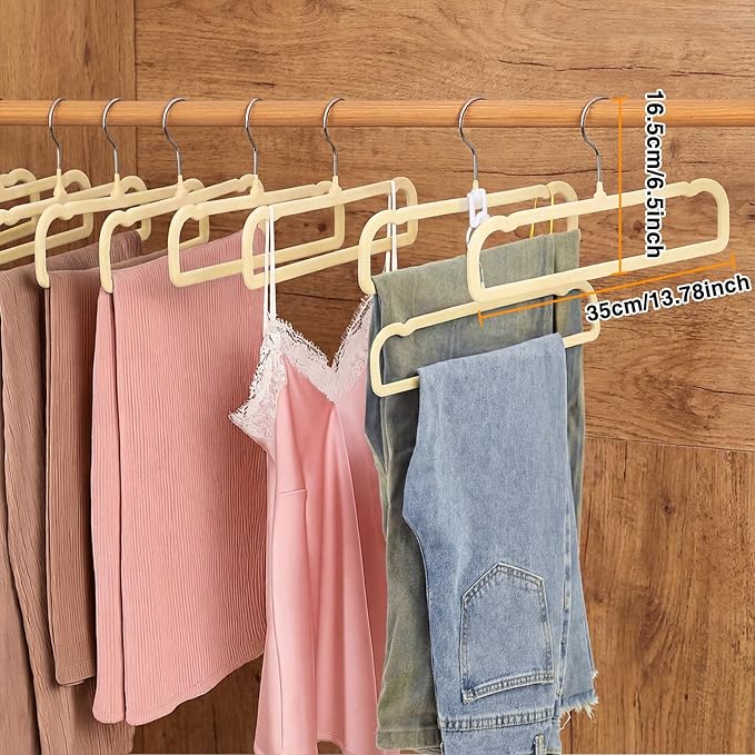 60sets/120pcs Velvet Pants Hangers Non Slip Beige Felt Hangers with 60 Cascading Hooks, Space Saving 360 Degree Swivel Hook Closet Organizer for Jeans, Trousers, Leggings, Tank Top, Shorts and Skirts