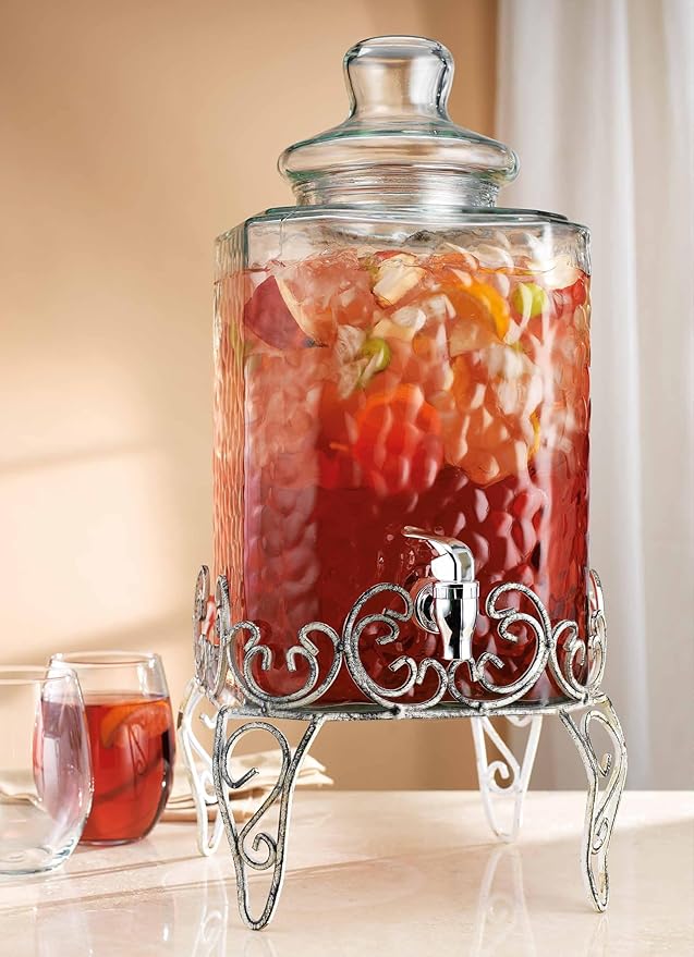 MosJos 2.5 Gallon Classic Hammered Glass Beverage Dispenser with Elegant Stand - Glass Drink Dispenser with 100% Leak Proof Spigot, Party Drink Dispensers for Lemonade, Punch, Water, Juice