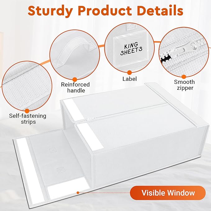 6 Pack Bed Sheet Closet Organizers and Storage,Sturdy Foldable Storage Containers with Window and Label,Storage and Organization for Bedding Sheets,Duvet Covers,Blankets (White)