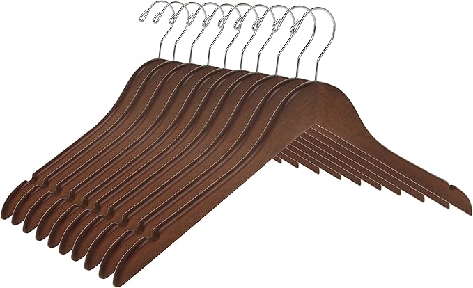 Quality Semi Curved Wooden Suit Hangers, 10-Pack Smooth Finish Solid Wood Coat Hanger with Swivel Hook, Jacket, Pant, Dress Clothes Hangers (Walnut - Chrome Hook, 10)