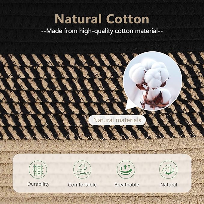 Cotton Rope Storage Basket, 15x10x9 Inches, Woven Basket for Shelves, Clothes, Towels, Books, and Laundry, Gradient Black/Brown (2 Pack)