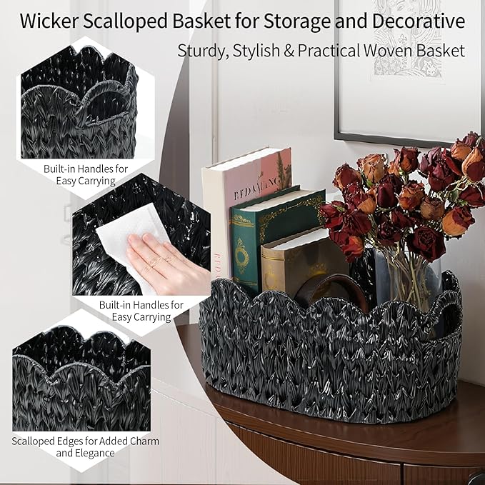 Wicker Scalloped Basket Set of 2,Woven Storage Baskets for Shelves,Closet,Laundry,Gift,Towels,Books,Toys,Waterproof Decor Basket for Organizing,Black Oval