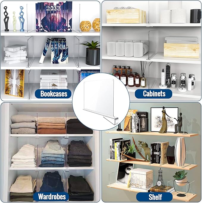 24 Pack Clear Acrylic Shelf Dividers for Closet Shelf Organizer of Bedroom Kitchen Office Bathroom Organizer for Clothes Books Hats and Handbags