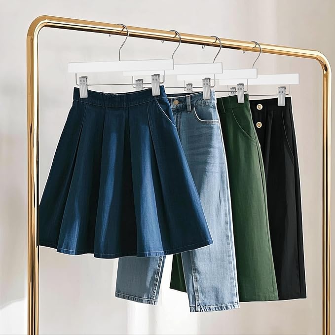 Quality Hangers Wooden Pants Hangers - 10-Pack Swivel Hook Cloth Hanger Set - Lotus Wood Skirt, Pant, Shorts and Slack Hangers with Adjustable Clip – White Clothing Hanger (White, 10)