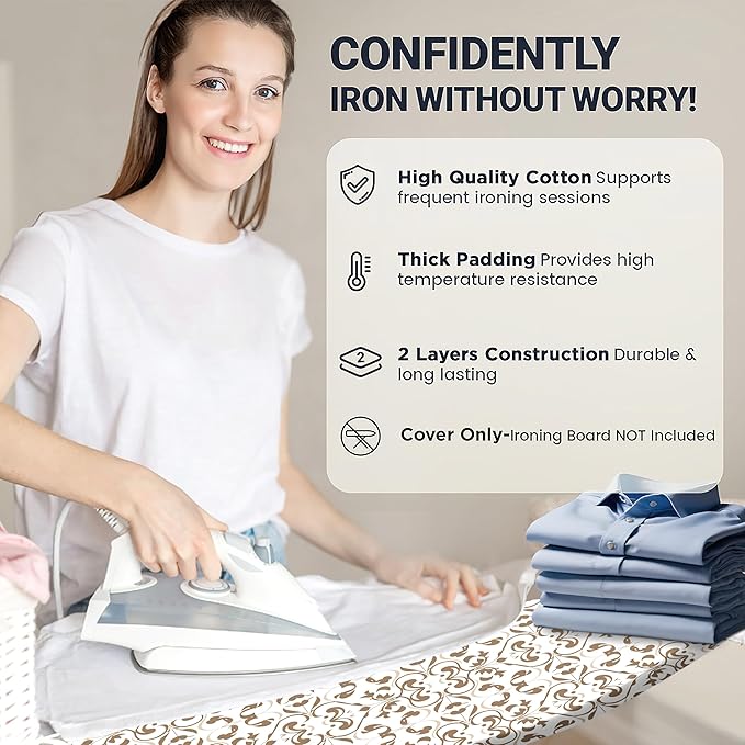 Ironing Board Cover and Pad 18"x54" Extra Thick Natural Cotton, Scorch and Stain Resistant Iron Board Cover,Extra Large Iron Board Cover with Fasteners Heavy Duty Heatproof Elastic Edge Taupe