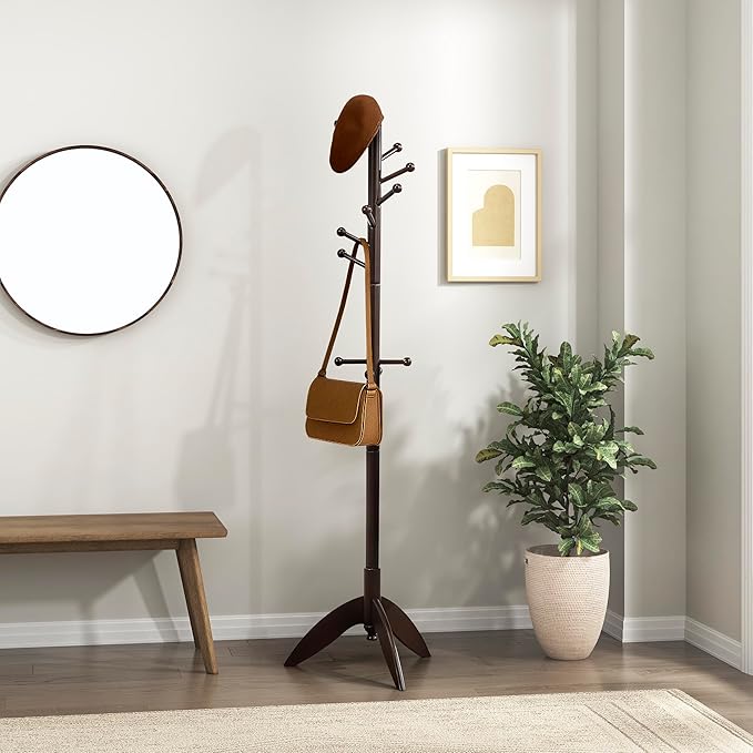 Lexicon Sturdy Solid Wood Coat Rack Stand with 11 Hanging Hooks for Hats,Scarves, Handbags, 7-Tier Wooden Coat Rack Freestanding Tree Used in Bedroom, Entryway, Hallway, Office, Dark Brown