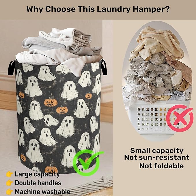 Halloween Ghost Pumpkin Large Clothes Hamper Bag - Laundry Basket with Handles, Space Saving Foldable Design for Nursery