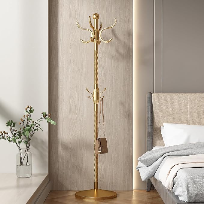 Metal Coat Rack Stand Coat Rack Freestanding with 12 Hooks Sturdy Heavy Duty Modern Coats Tree for Bags Clothes Hall Tree Hats Hanger Holder Stand for Entryway Bedroom Hallway Office, Gold
