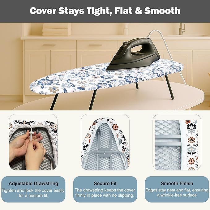 Small Ironing Board Cover and Pad 12.5"x30" Small Iron Board Cover with Padding,Tabletop Mini Ironing Board Cover and Pad Small Size, Cotton Canvas, Heat Resistant, Drawstring Floral
