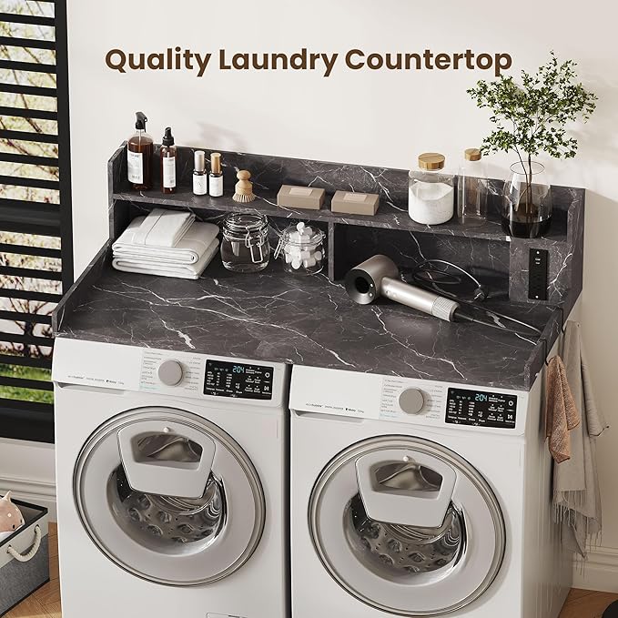 Upgraded 2-Tier Washer and Dryer Countertop with Power Outlet,54" W x 27.6" D Large Laundry Countertop for Fold Clothes, Laundry Topper with Non-Slip Pads & Metal Hooks and Storage Basket