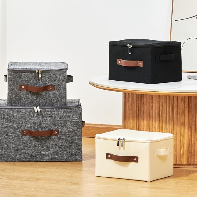 Storage Bins with Zipper Lid Cotton Linen Fabric Lidded Storage Baskets Boxes Foldable Washable Closet Shelf Clothes Organizer Container with PU Leather Handles (Gray, Large Size)