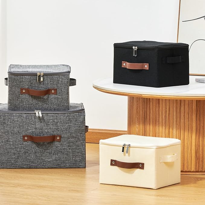 Storage Bins with Zipper Lid Cotton Linen Fabric Lidded Storage Baskets Boxes Foldable Washable Closet Shelf Clothes Organizer Container with PU Leather Handles (Black, Extra Large)
