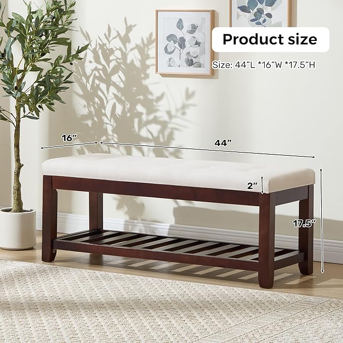 Shoe Bench Entryway, 44" End of Bed Bench,Upholstered Linen Bench for Living Room,Fabric Ottoman Bench with Solid Wood Shelf for Bedroom, Entrance Beige