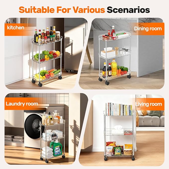 Betoveren 3 Tier Slim Storage Cart with Wheels Slim Rolling Utility Cart Mobile Shelving Units Organizer for Narrow Space in Home Kitchen Bathroom Laundry Room Transparent (Width 6.3 Inches)