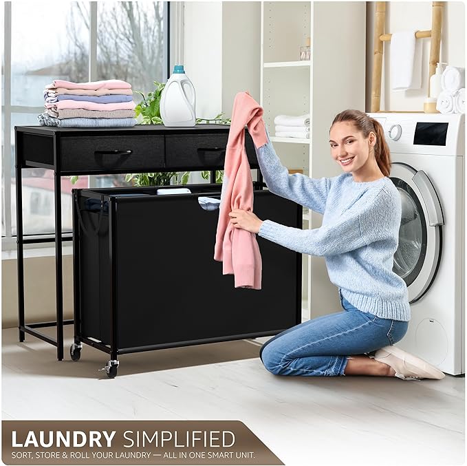 Sorbus 3 Section Laundry Hamper with Shelf and 2 Drawers for Laundry Room Organization, Laundry Basket with Wheels, Rolling Laundry Hamper, Laundry Sorter for Optimal Storage and Organization (Black)