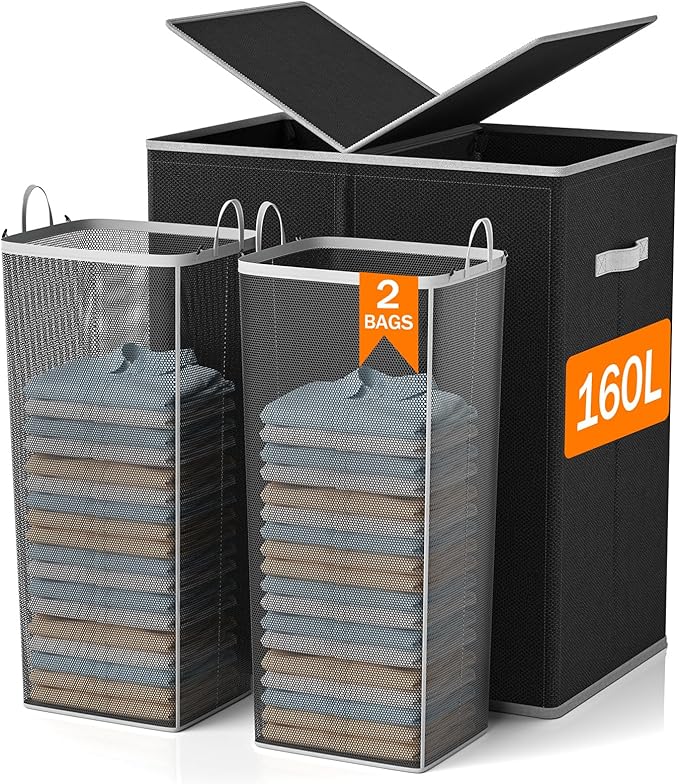 Laundry Hamper with Lid 160L Laundry Basket - Double Clothes Hamper with 2 Removable Bags, 2 Section Large Laundry Basket Organizer for Laundry Room, Bedroom, Hampers for Laundry
