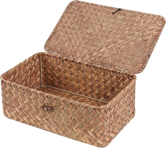 FEIALNDUO Wicker Shelf Baskets with Lid,Seagrass Storage Basket Bins Rectangular Handwoven Basket Boxes for Shelves Desktop Home Organizer (Coffee, Small)