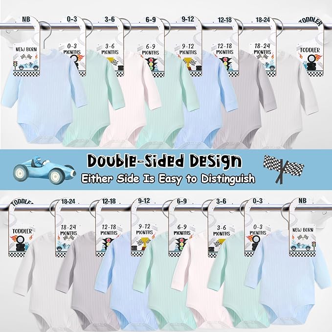 Baby Closet Dividers 8PCS, Racing/Race Car Theme Wooden Double-Sided Clothes Size Hanger Organizer from Newborn to Toddler for Nursery Decor Baby Shower Birthday Gift (Includes Gift Box)